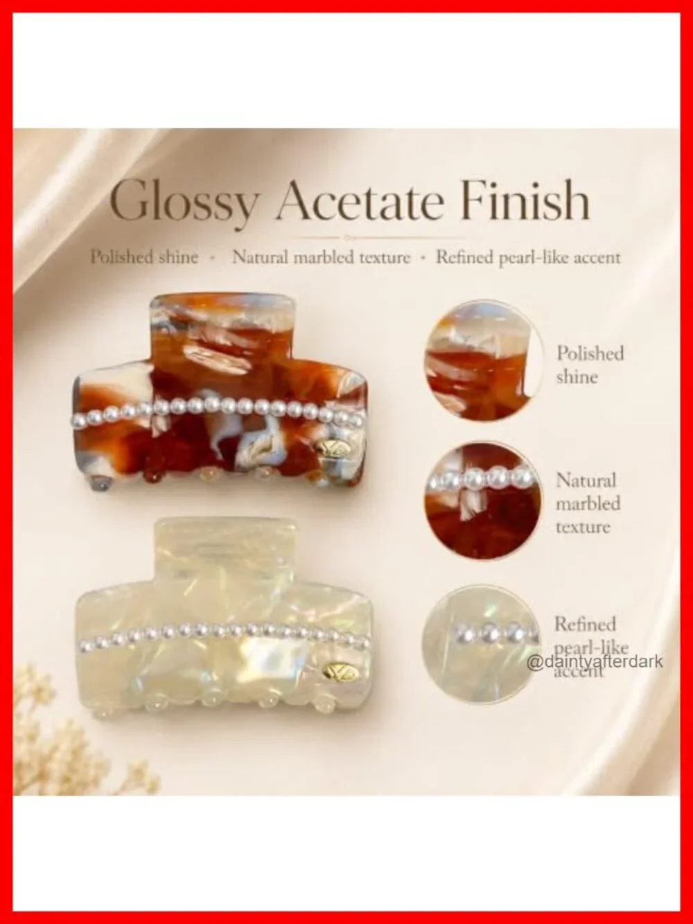 Premium Durable Acetate Pearl Shape Hair Clips, 2 Pack Medium Hair Claw Clips